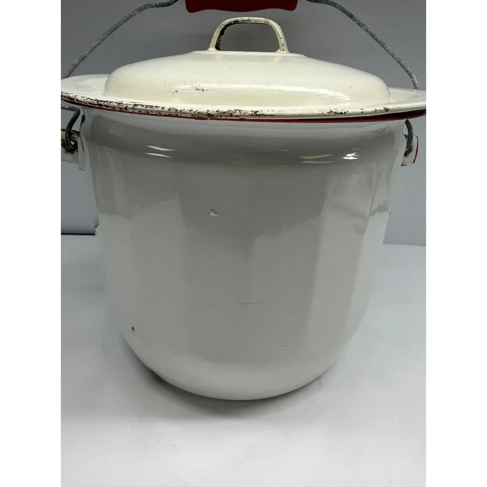 Vintage White Enamelware Lidded Pot Red Trim Wooden Handle Farmhouse Bucket
